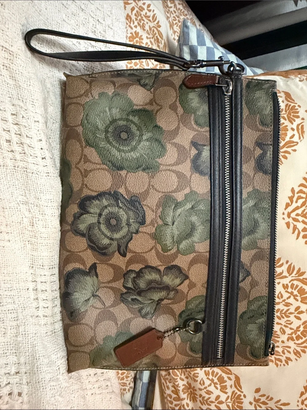 Coach Floral Signature Canvas Wristlet in Green and Brown x large kaffe fassett